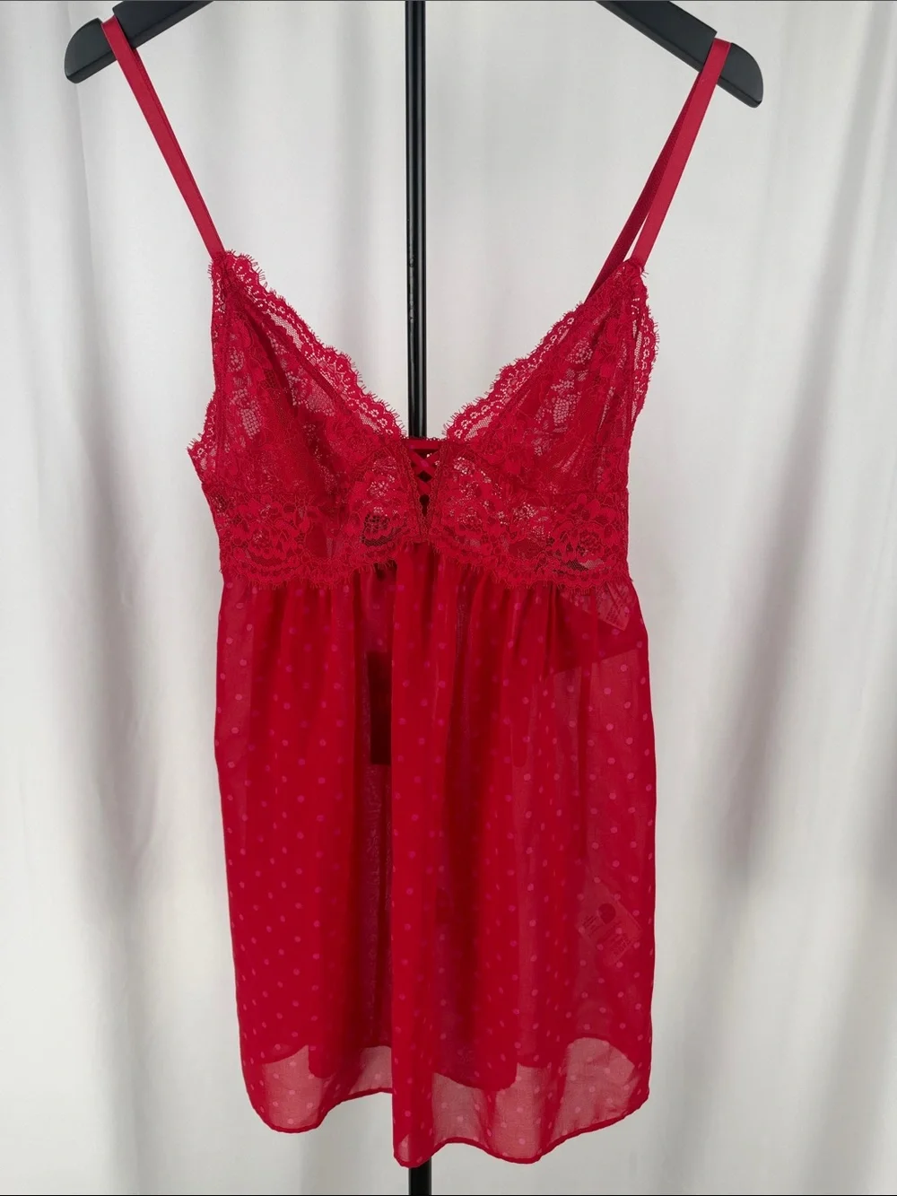 INC International Concepts Red Lace & Sheer Polka-Dot Chemise